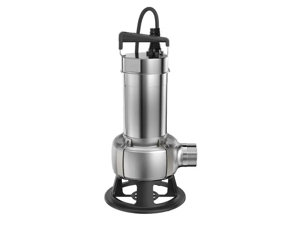 Tauchmotorpumpe aus Edelstahl mit flexibler Schlauchanschlussmöglichkeit, geeignet für den Einsatz in Schmutzwasseranwendungen, erkennbar als Produkt von Grundfos.